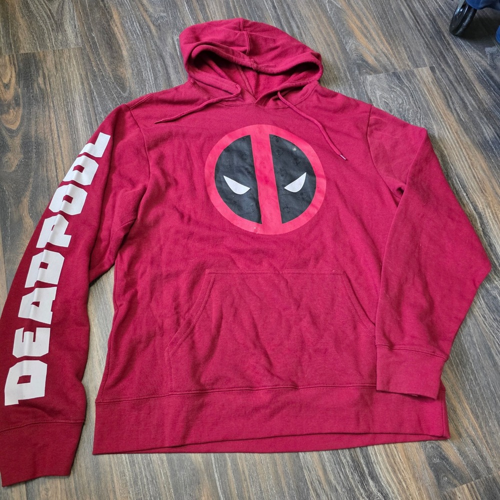 Marvel Deadpool Hoodie Red Graphic Pullover Sleeve Print Mens Large Mad Engine